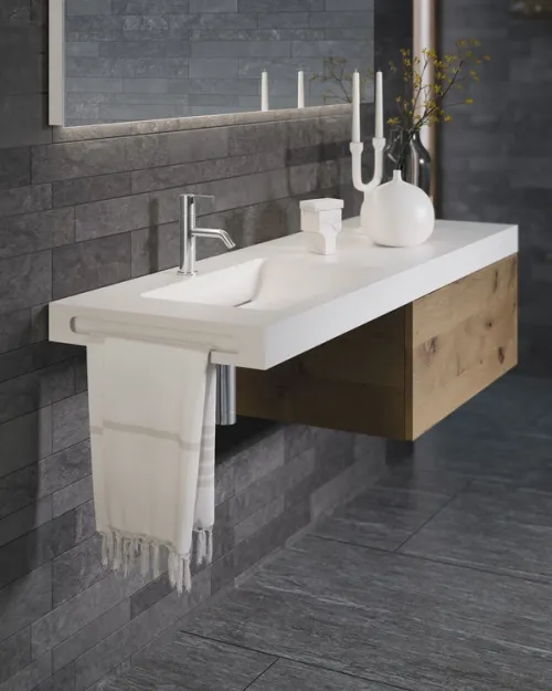 Modern bathroom right hand wall hung vanity unit with white sink