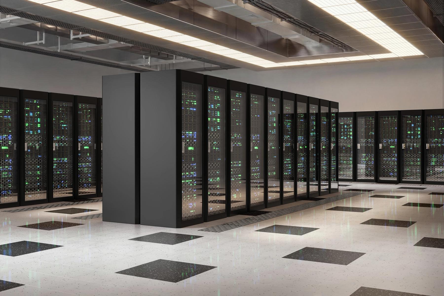Photorealistic CGI of server racks inside a modern data centre