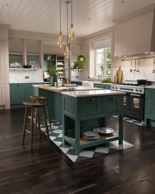 Shaker Forest Green kitchen CGI by Pikcells - Kitchen of the Year Award - Wren Kitchens