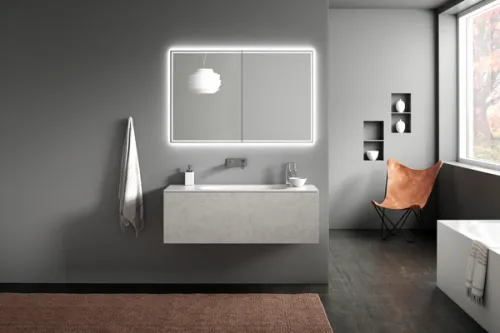 Minimal CGI bathroom scene with illuminated mirror and wall mounted sink vanity unit