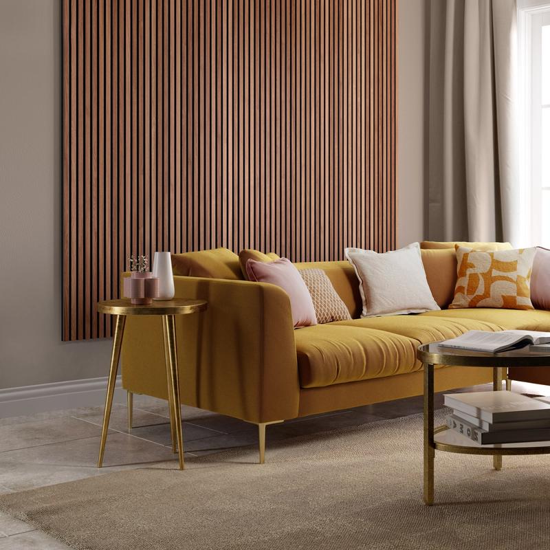 On-trend CGI interior mixing geometric elements with stylish colour elements.