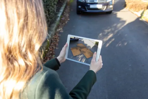 An iPad displaying an augmented reality view of paving designs in real-time, providing a more interactive and engaging customer experience.