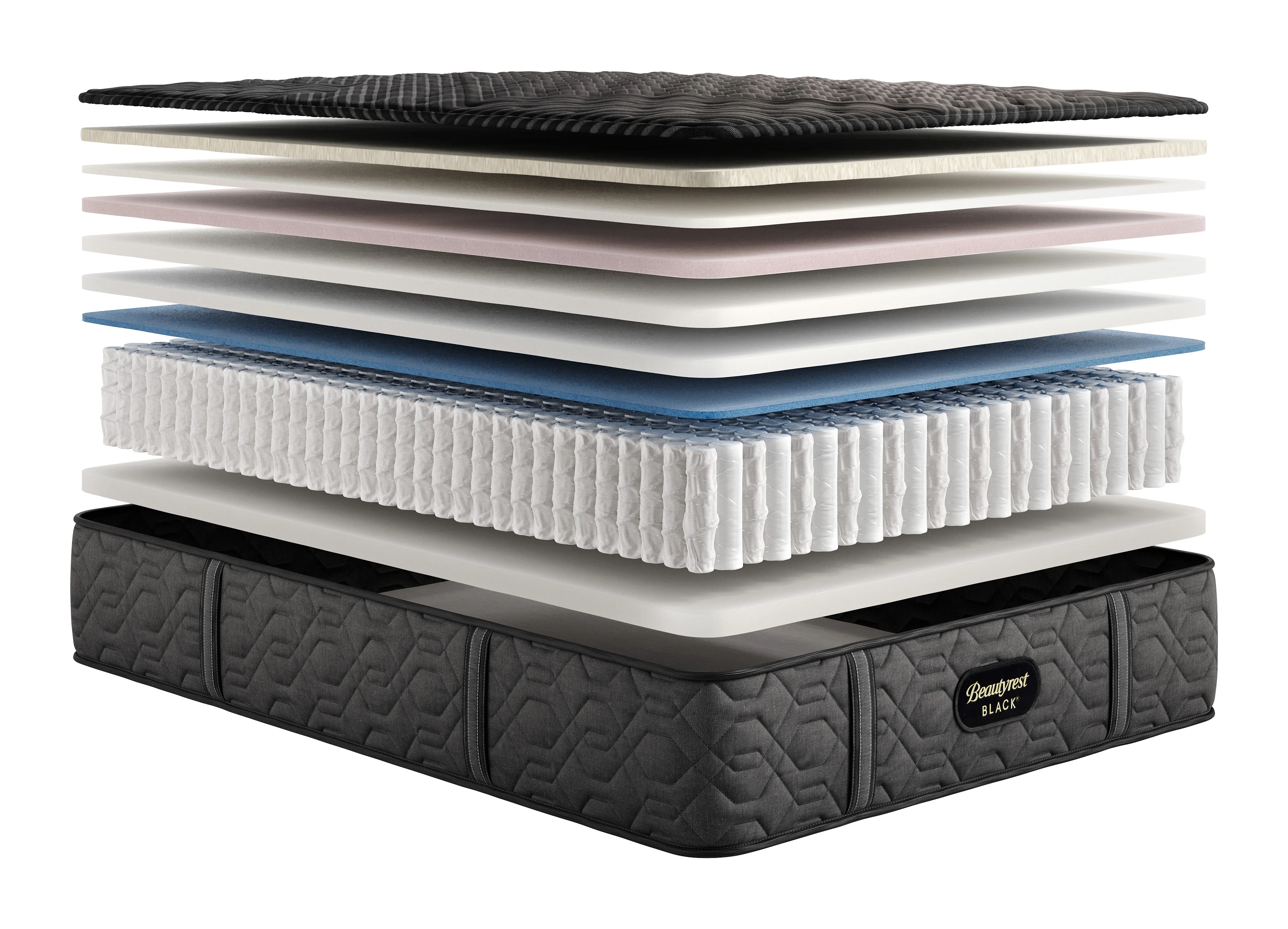 Exploded view of the internal composition of a Beautyrest black mattress created in CGI