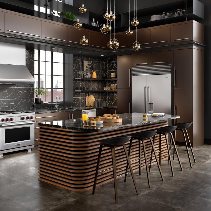 This industrial kitchen CGI boasts large stainless steel appliances, a fluted-deco strip-wood breakfast bar as well as overhead practical storage.