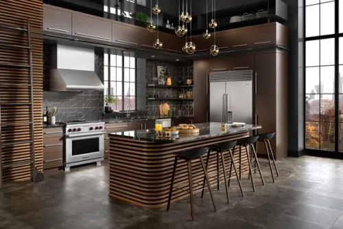 Practical, functional and bold, this industrial kitchen CGI boasts large stainless steel appliances, a fluted-deco strip-wood breakfast bar as well as overhead practical storage