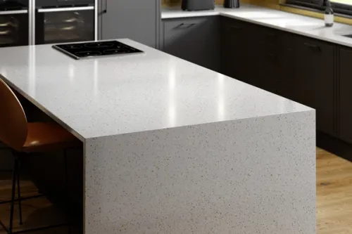 3D rendered island breakfast bar with glossy concrete effect worksurface