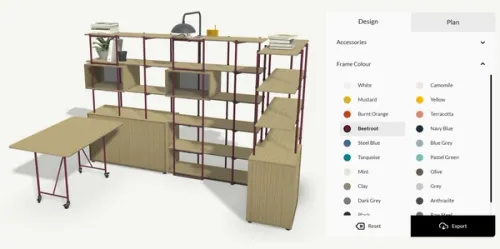 A complex 3D modular shelving configurator which can be used to plan, price and order bespoke shelving designs.