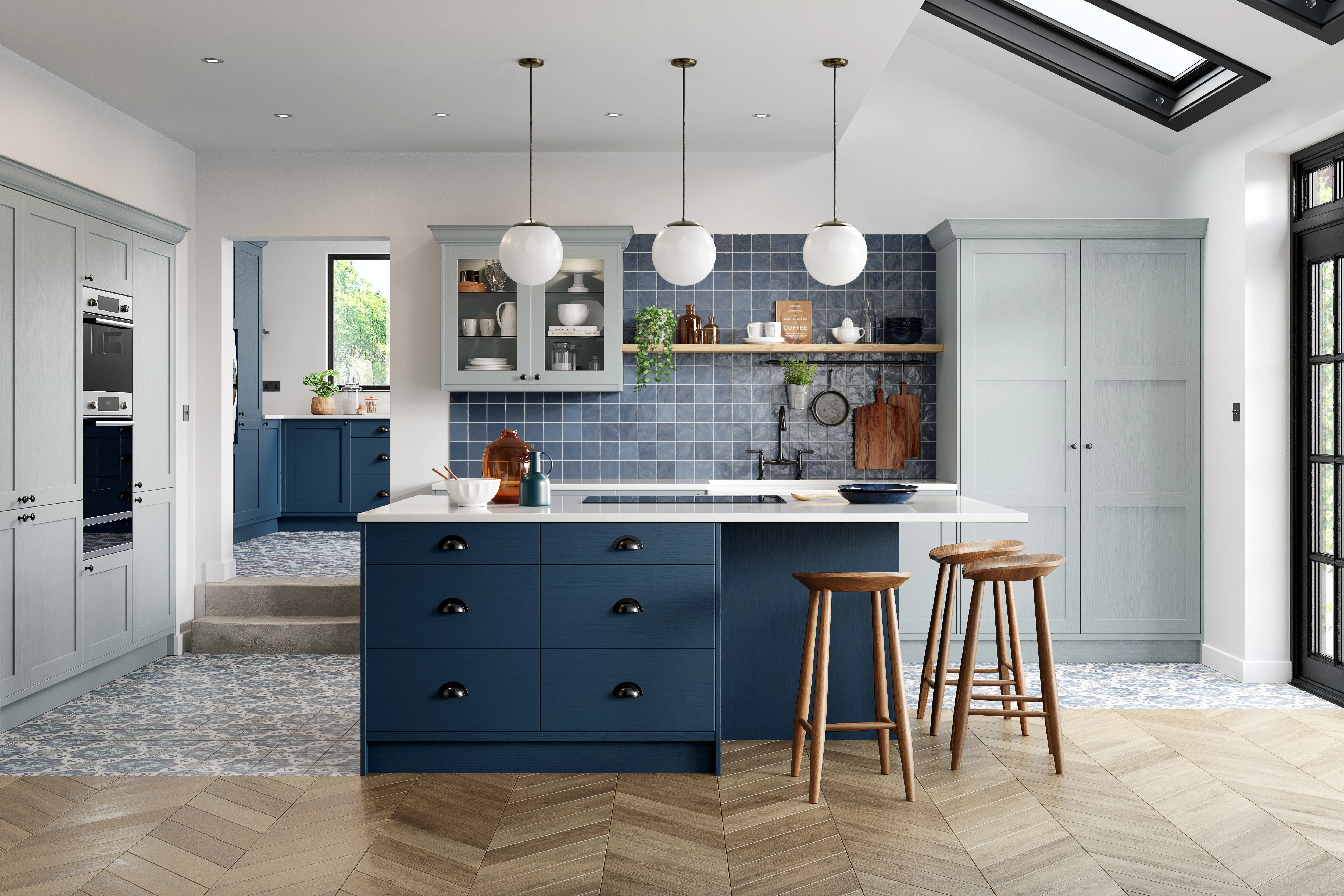 Shaker English deep ocean blue kitchen with zellige tile backsplash