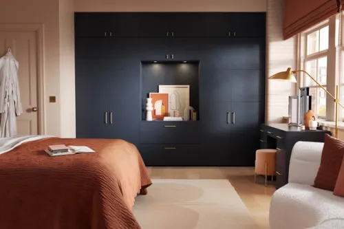 With meticulous attention to detail and a punchy color palette of navy, peach, and burnt orange, this photorealistic CG bedroom image brings the clients design ideas to life