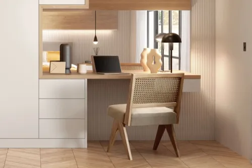 Sleek white handleless cabinetry with chunky timber frames create a modern minimal dressing table area. CGI by Pikcells.