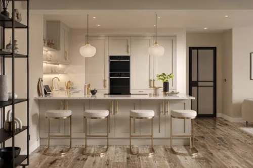 CGI image of a luxurious cashmere 5-piece Shaker kitchen interior with gold and brass hardware and accessories.