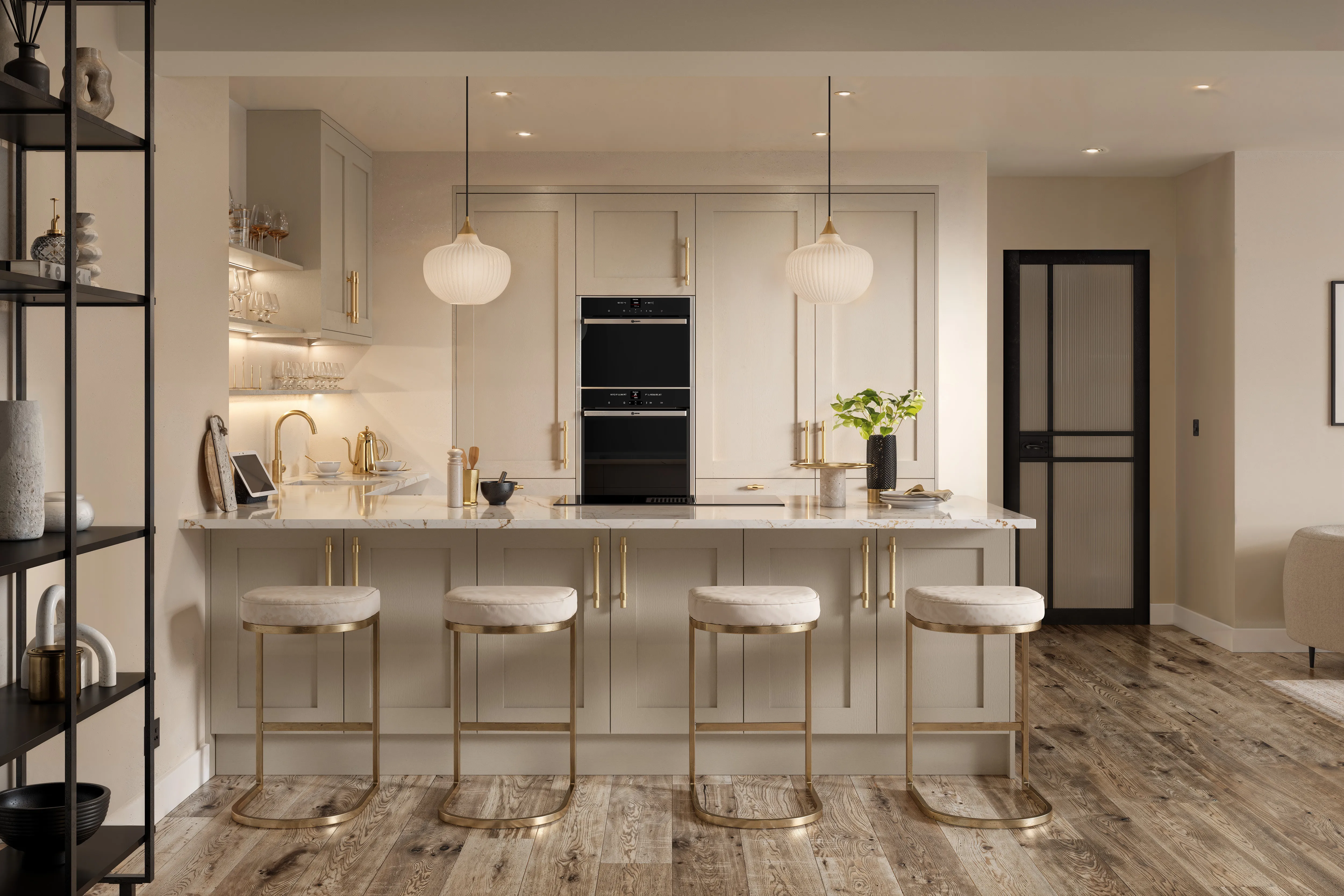 3D render of a modern, dust grey kitchen with slab, handleless doors and open shelving with bright LED lighting.