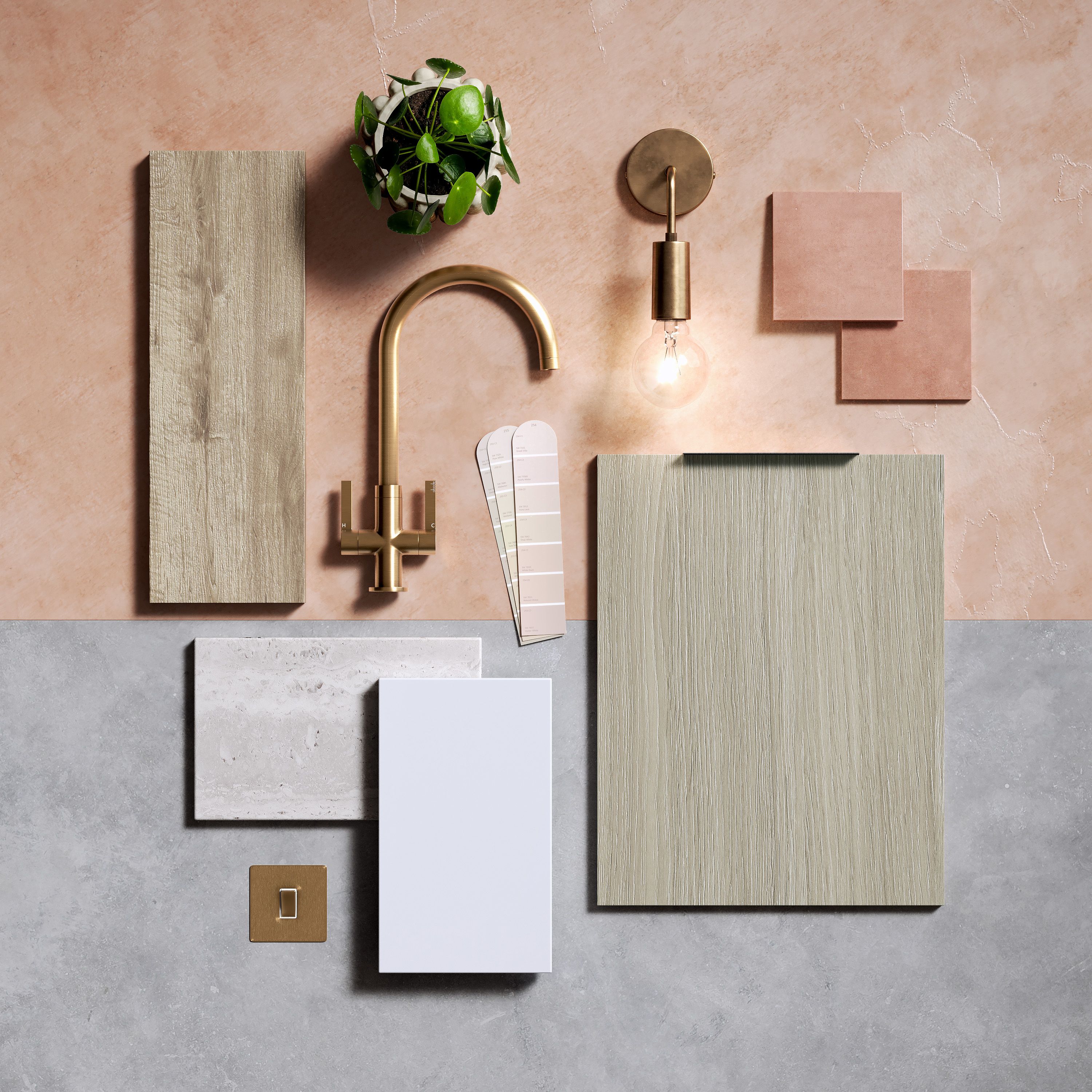 CGI flatlay image with white quartz worktop swatches, urban oak doors, brushed brass accessories and plastered walls with corresponding tiles.