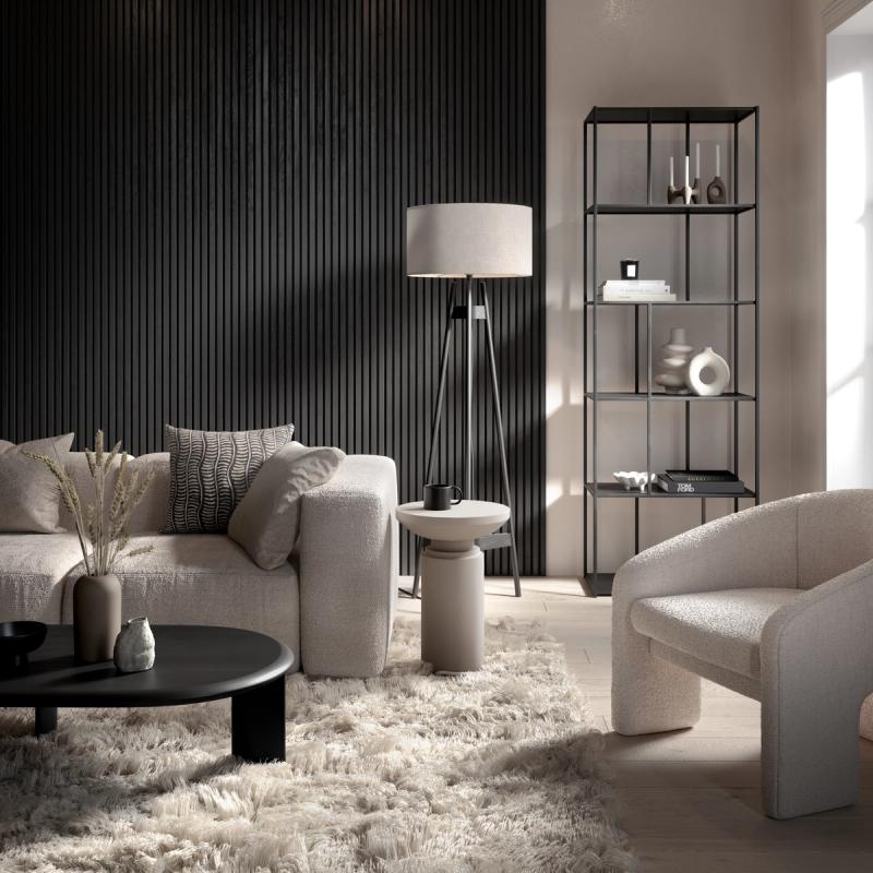 A full CGI living room interior with a monochrome colour palette and modern furnishings
