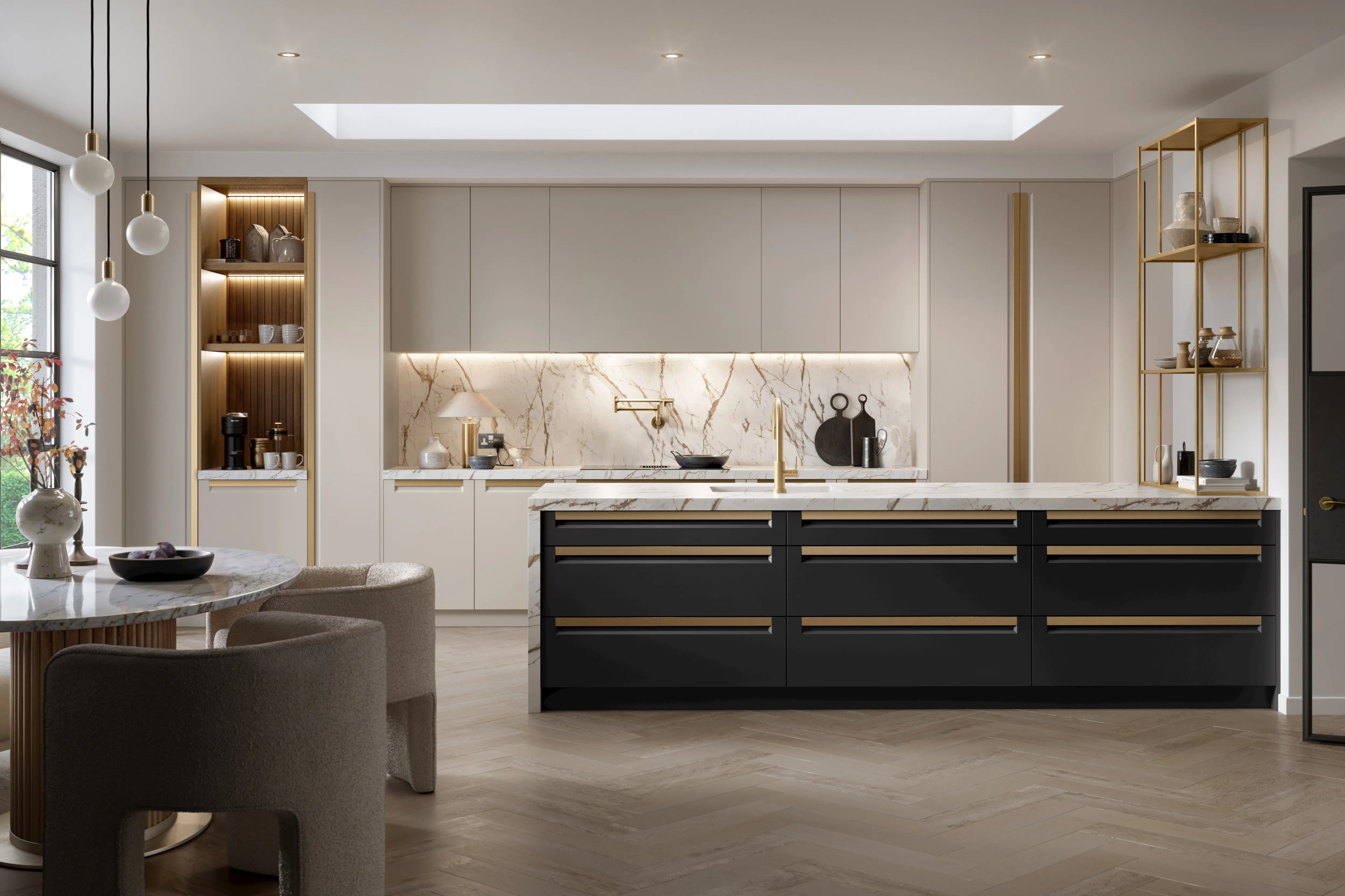 Elegant modern kitchen with opulent gold handles and accessories