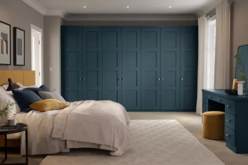 CGI image of blue bespoke bedroom wardrobes