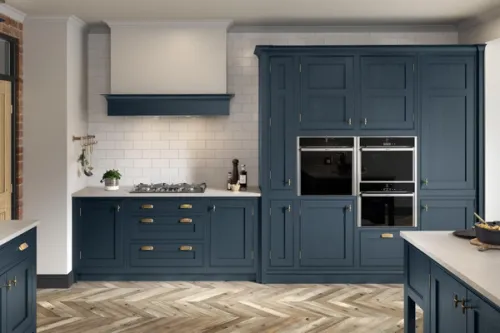 Traditional Shaker blue kitchen with industrial inspired handles - 3D CGI render