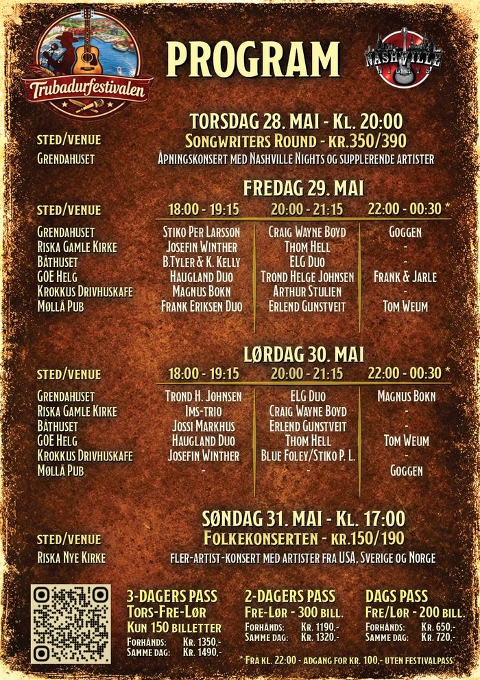 Programplakaten for Trubadurfestivalen 2026 — program dag for dag, scener og billettpriser