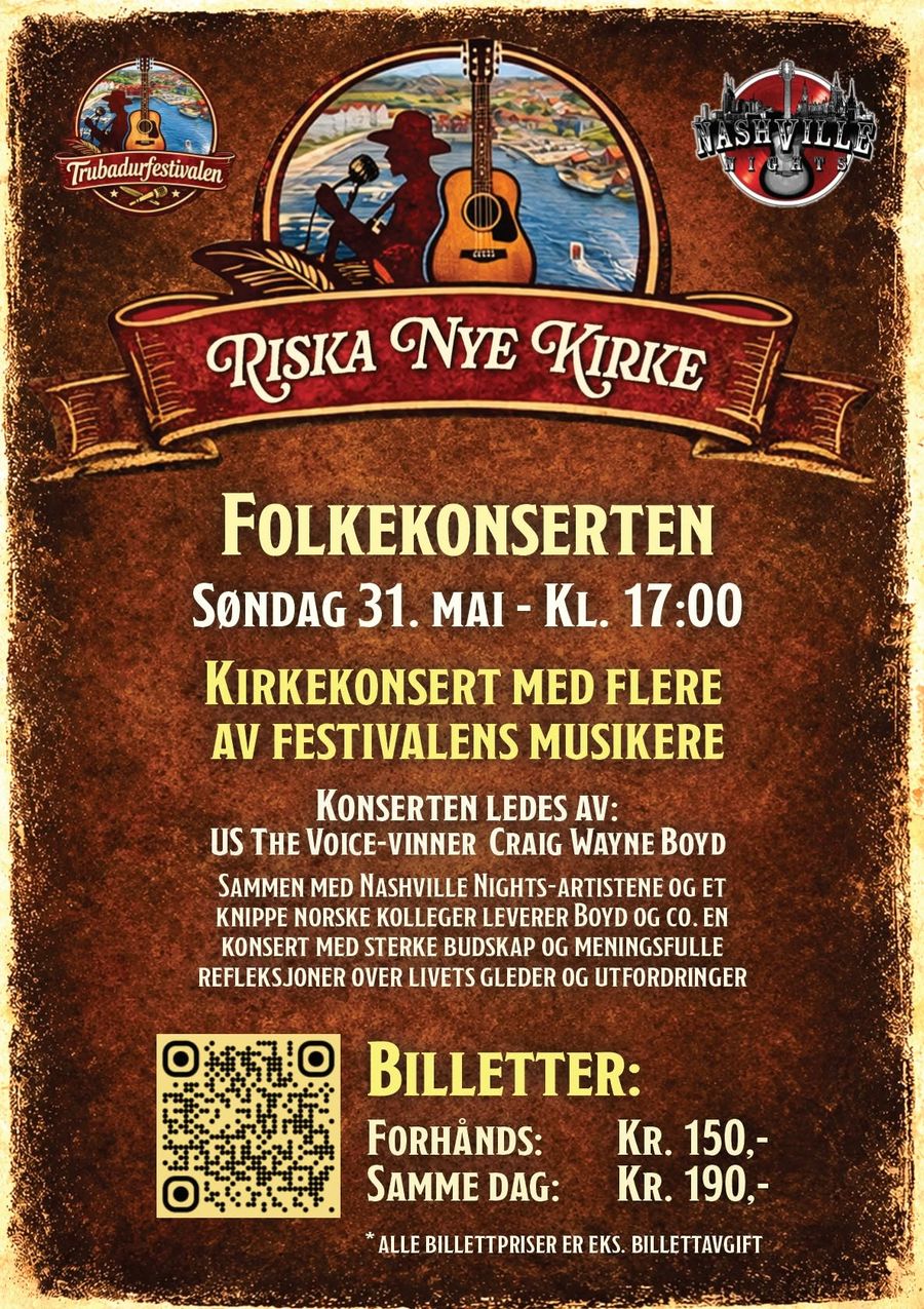 Plakat for Folkekonserten i Riska Nye Kirke søndag 31. mai 2026, ledet av Craig Wayne Boyd