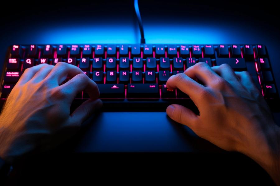 Two hands typing on a dark keyboard with glowing red keys, illuminated by blue light.