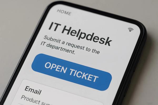 A smartphone displaying an "IT Helpdesk" app with an "OPEN TICKET" button.