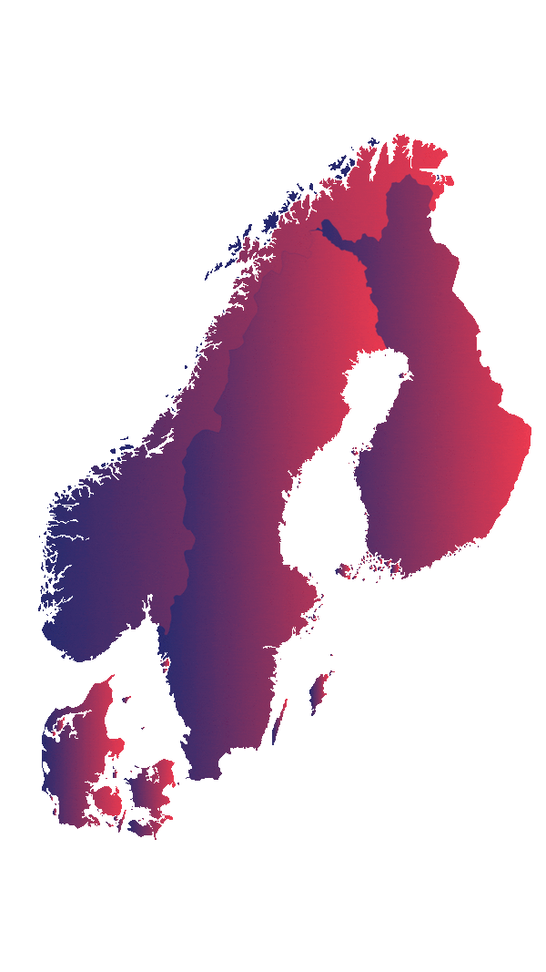 Stylized map of Scandinavia and Northern Europe with a purple to red gradient.