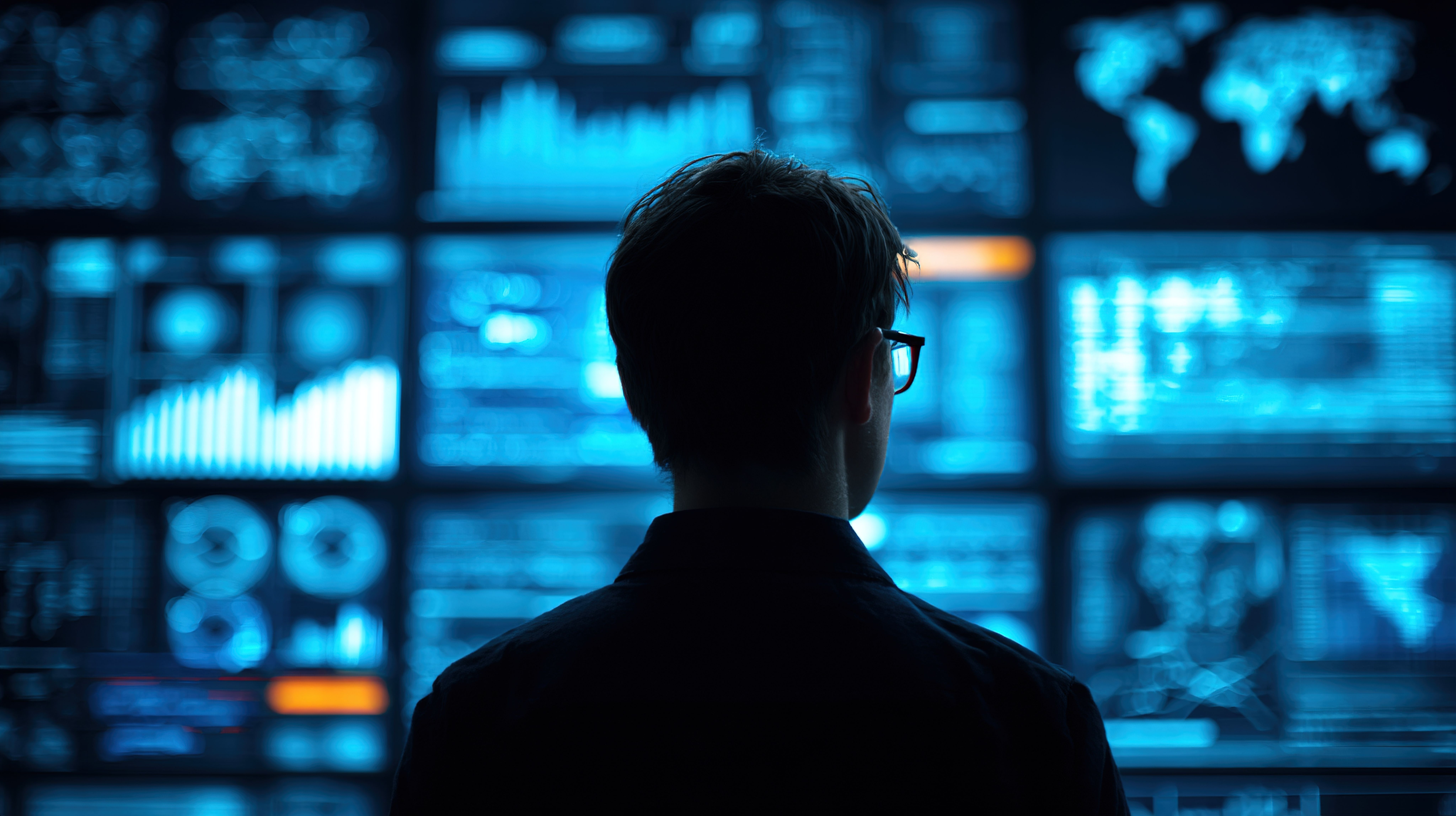 A silhouetted person from behind views a wall of glowing blue data screens.