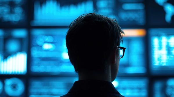 Person from behind watching multiple glowing blue data screesn with security.