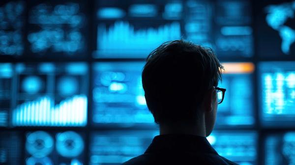Person from behind watching multiple glowing blue data screesn with security.