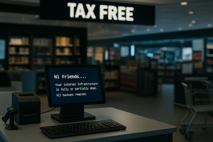Airport tax-free retail store with a dark monitor displaying a ransomware message, symbolising a major digital infrastructure outage.