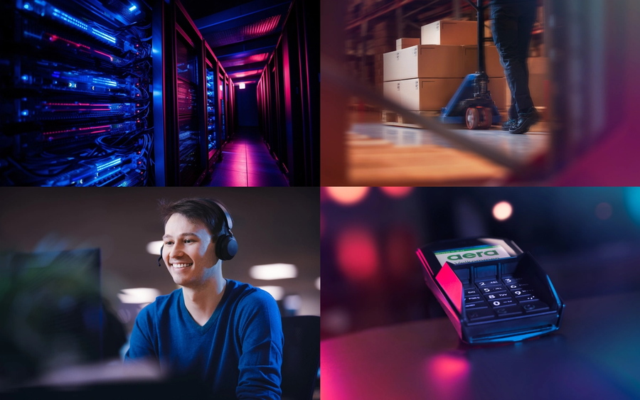 Collage showing a data center, warehouse dispatch, technical support agent, and a retail point-of-sale device, visualising the full IT lifecycle under XaaS.