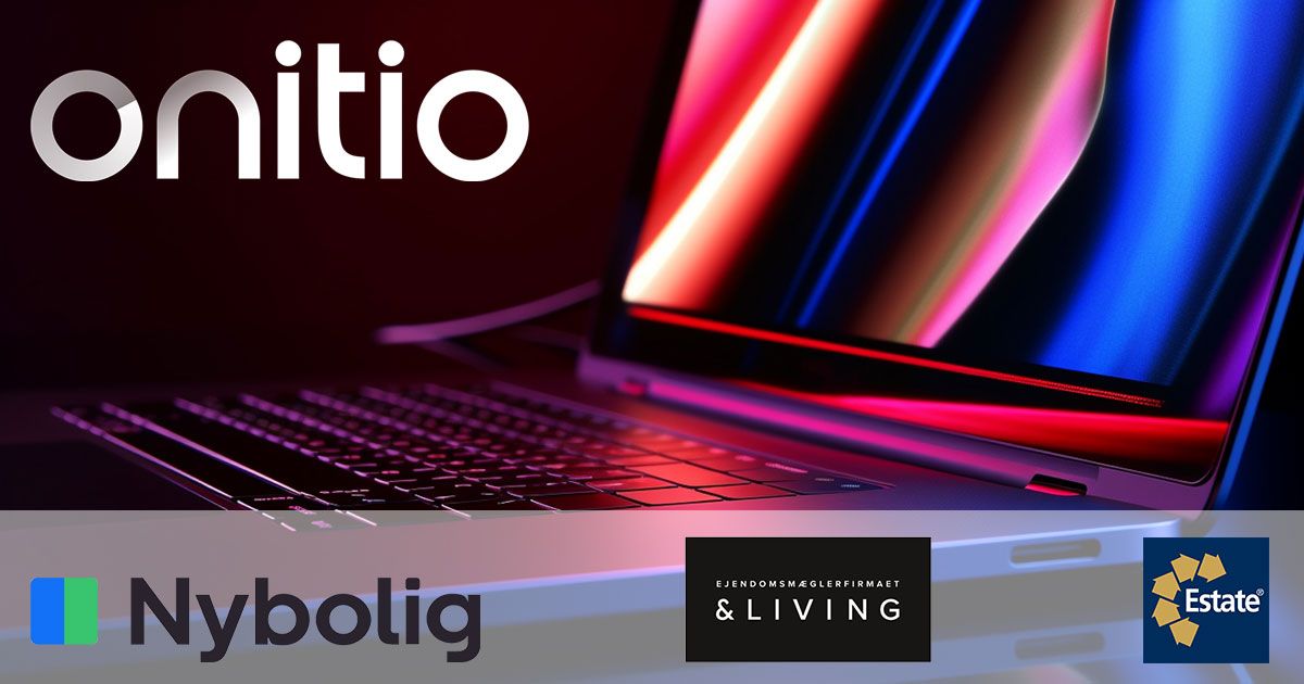 Onitio logo above a laptop with a colorful screen, with Nybolig, & Living, and Estate logos below.