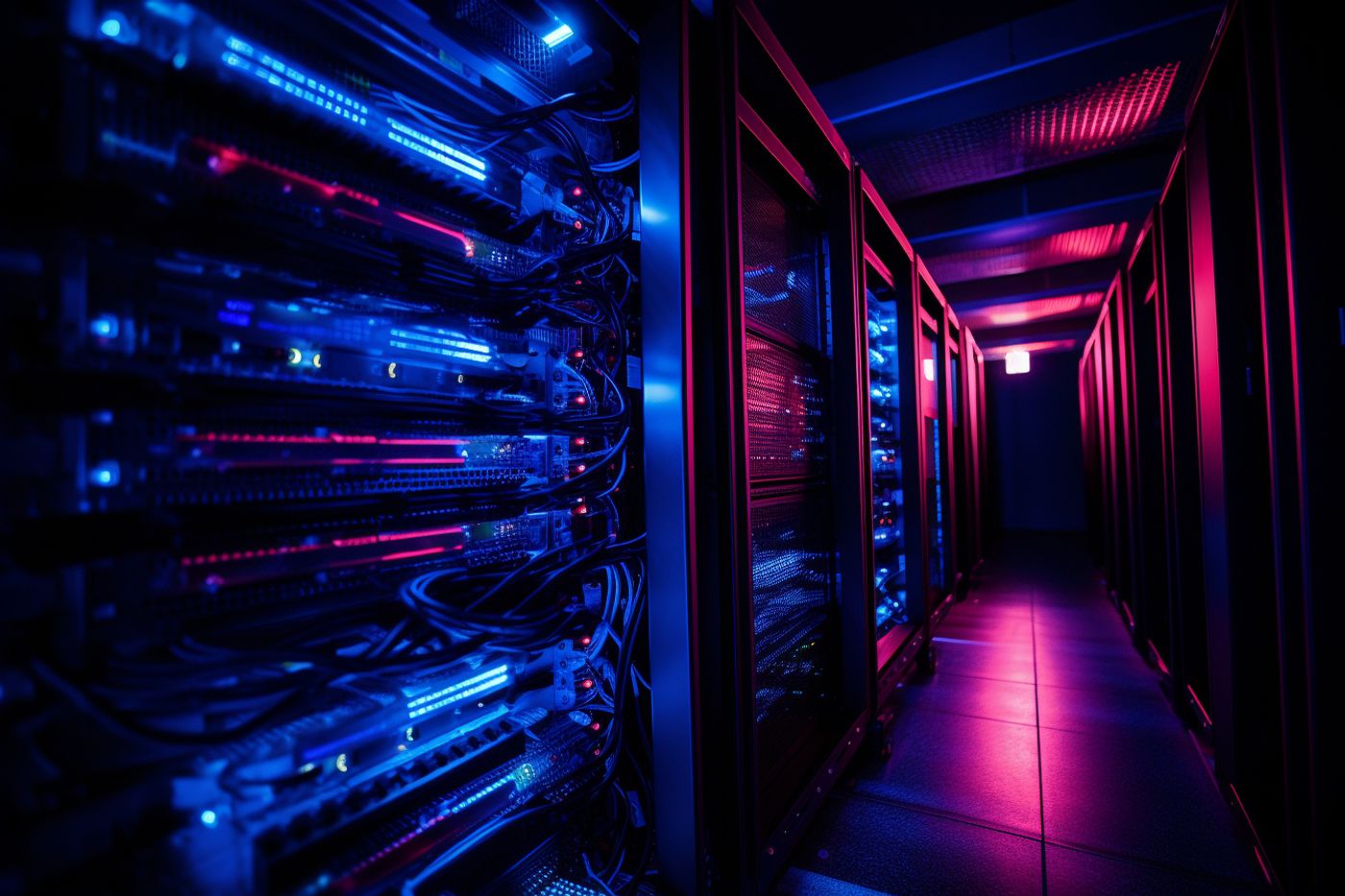 Server racks in a data center illuminated by blue and pink lights.