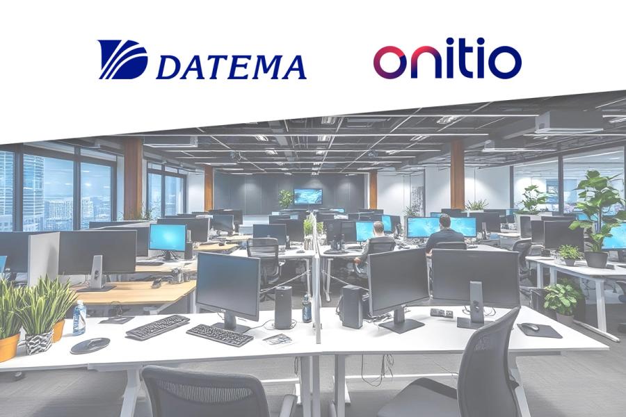 A shared office space featuring the logos of Datema Mobility AB and Onitio Group, symbolizing the integration and collaboration between the two companies.