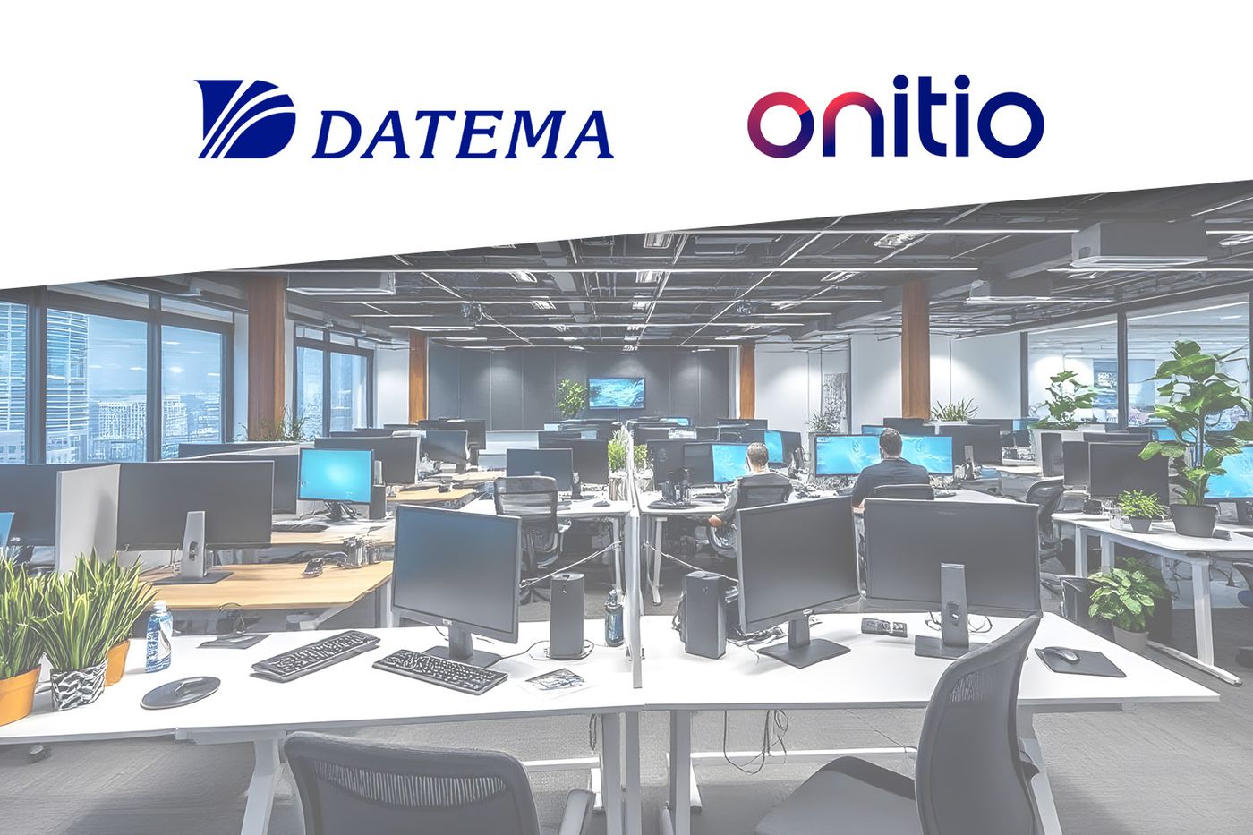 En delt kontorplass med logoene til Datema Mobility AB og Onitio Group, som symboliserer integrasjonen og samarbeidet mellom de to selskapene.