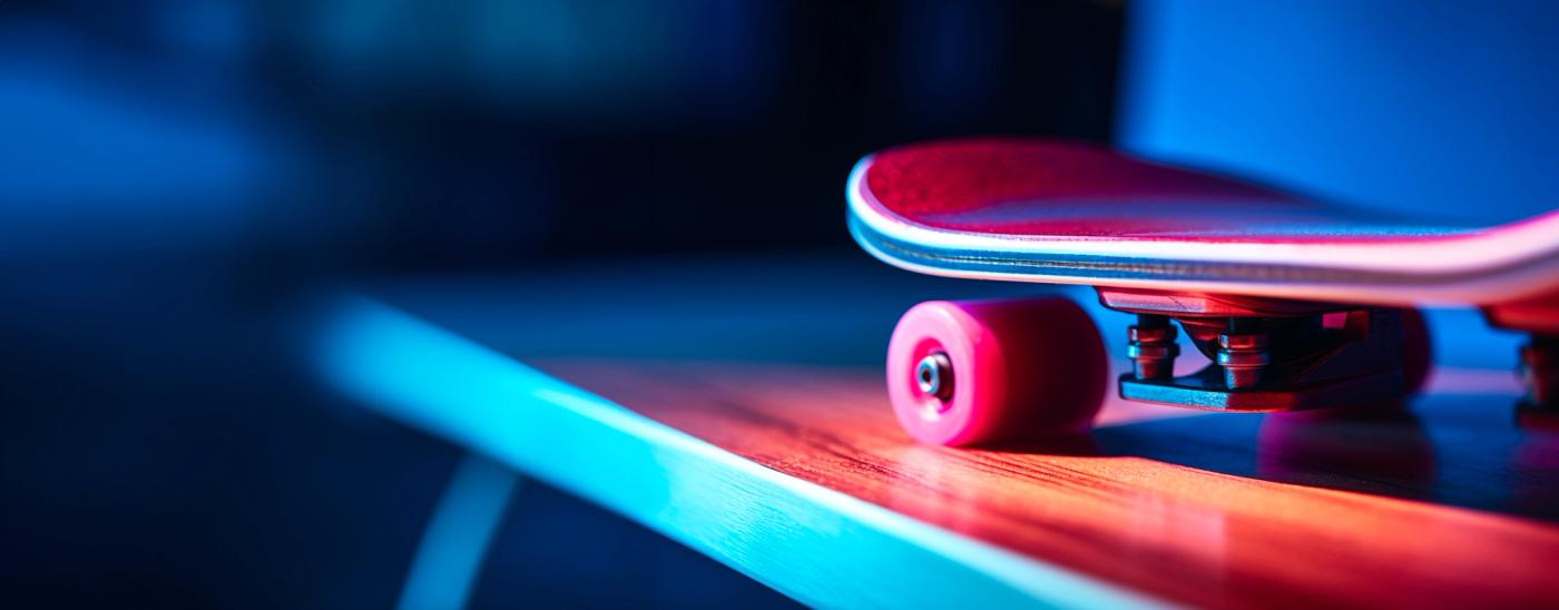 Skateboard resting on a desk, reflecting a dynamic workspace with a touch of personal expression.