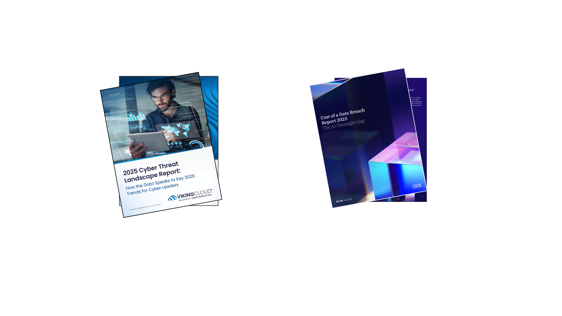"2025 Cyber Threat Landscape Report" and "Cost of a Data Breach Report 2025" covers displayed.