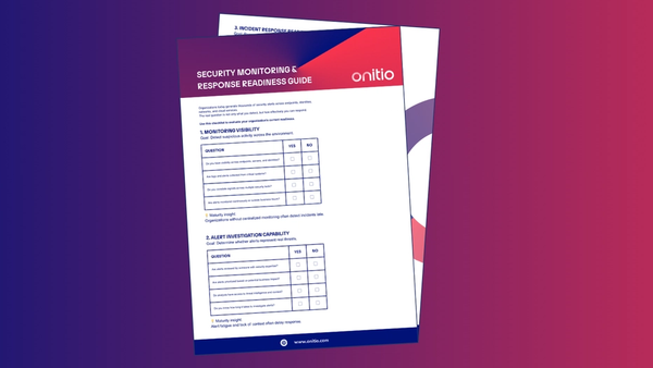 Onitio's Security Monitoring & Response Readiness Guide, a questionnaire with Yes/No options, on a purple and red background.