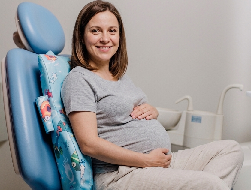Mujer embarazada sonriente sentada en el sillón dental de Dentikid durante un control odontológico prenatal
