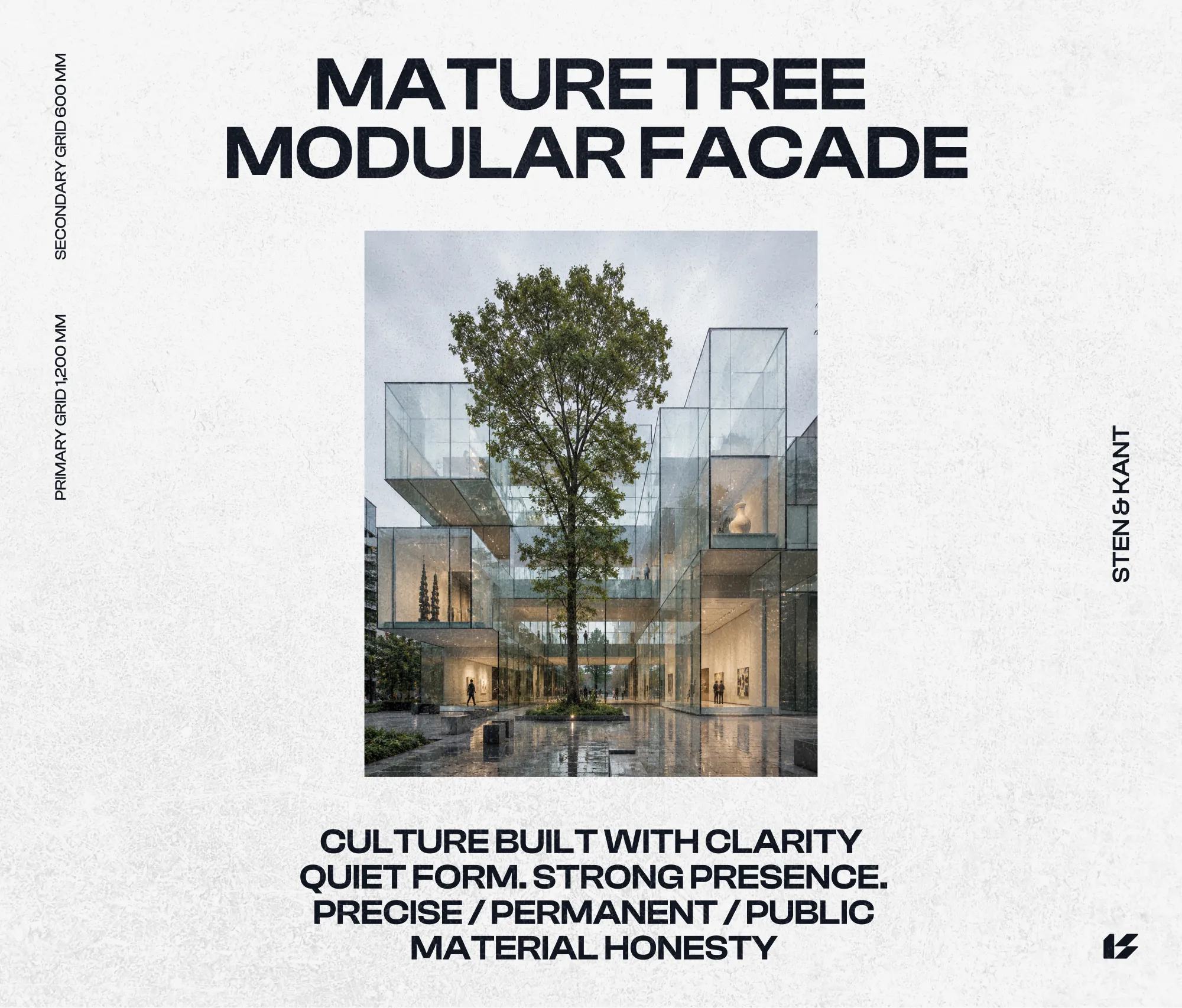 Sten & Kant architectural campaign composition featuring a mature tree and modular facade