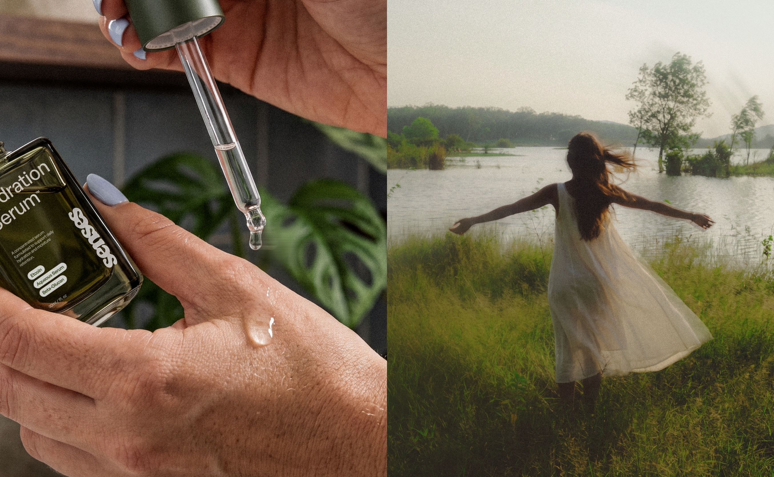 SENSES Hydration Serum application paired with a woman standing beside a lake