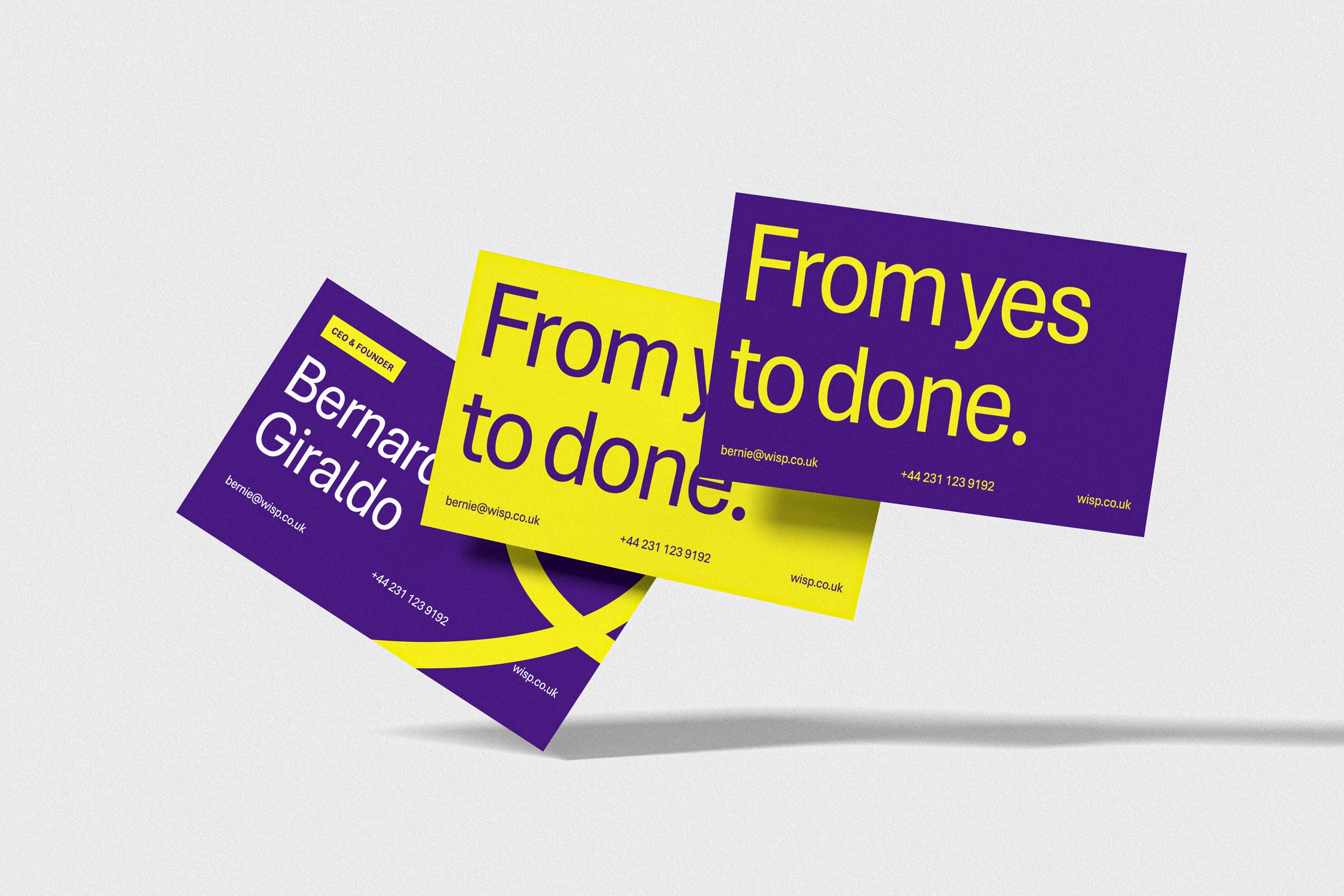Wisp campaign cards with bold yellow and purple typography