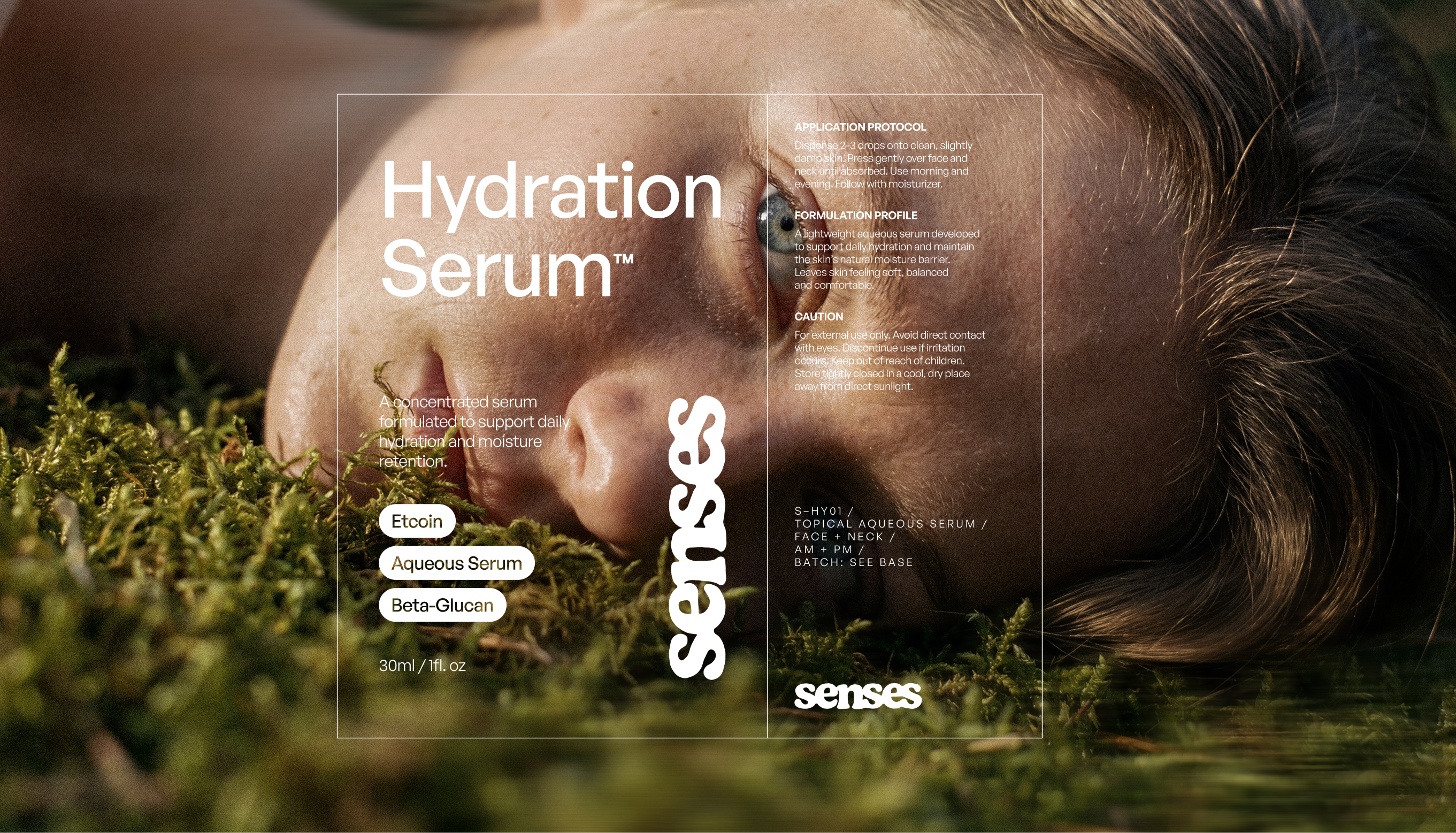 SENSES Hydration Serum editorial packaging layout over a moss portrait