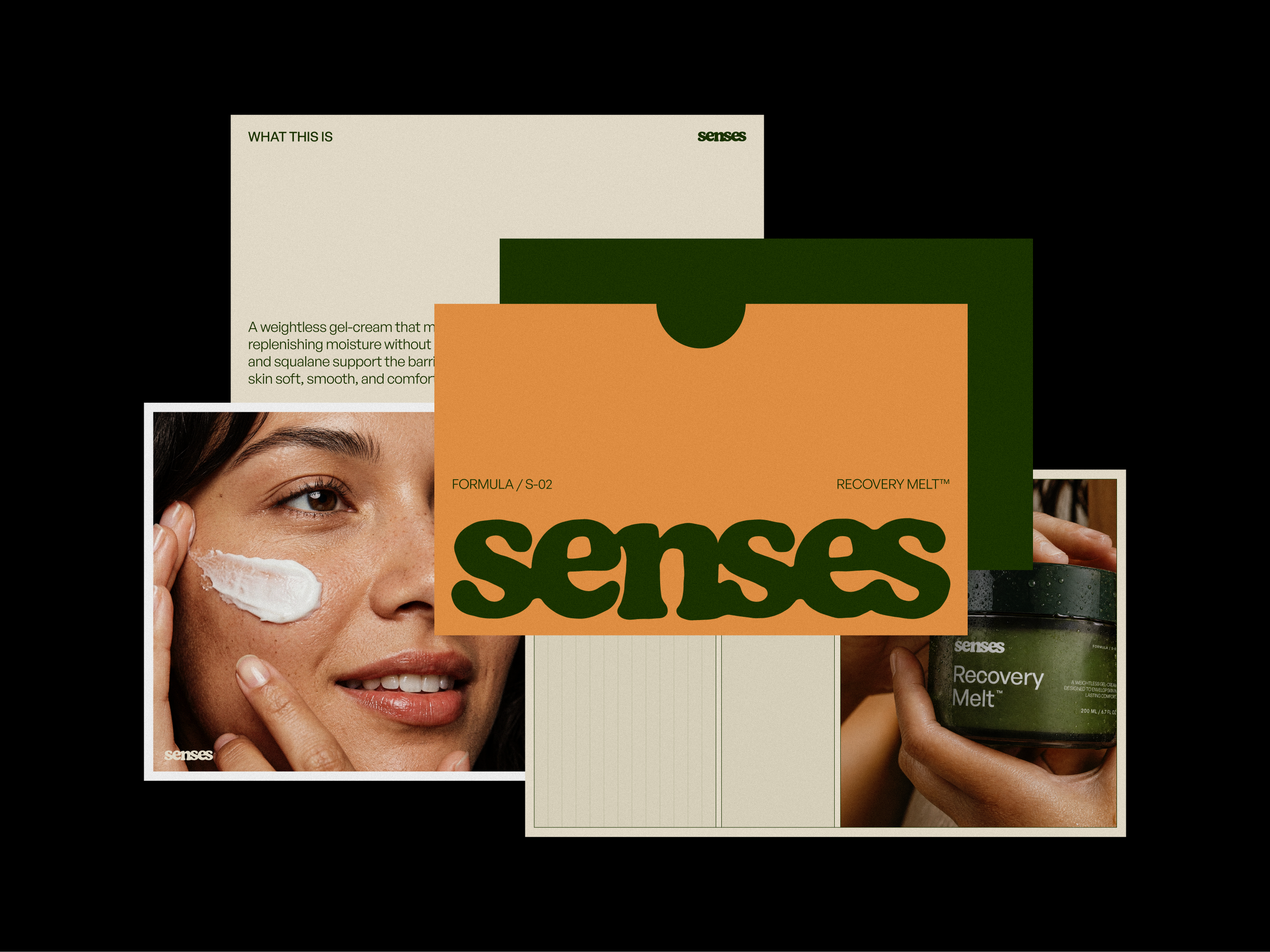 SENSES Recovery Melt packaging, skincare photography, and brand typography collage