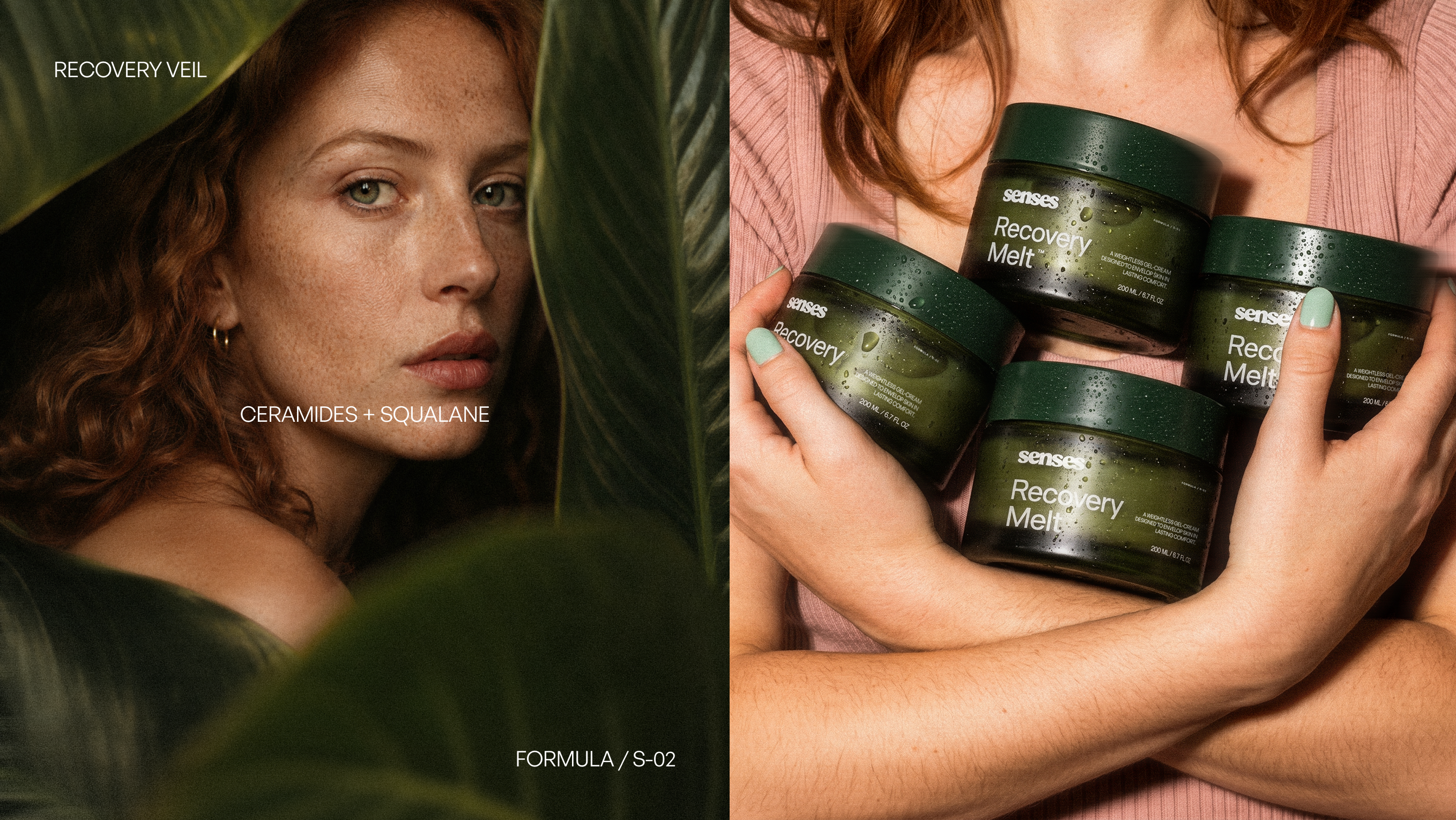 SENSES Recovery Veil campaign portrait paired with Recovery Melt product photography
