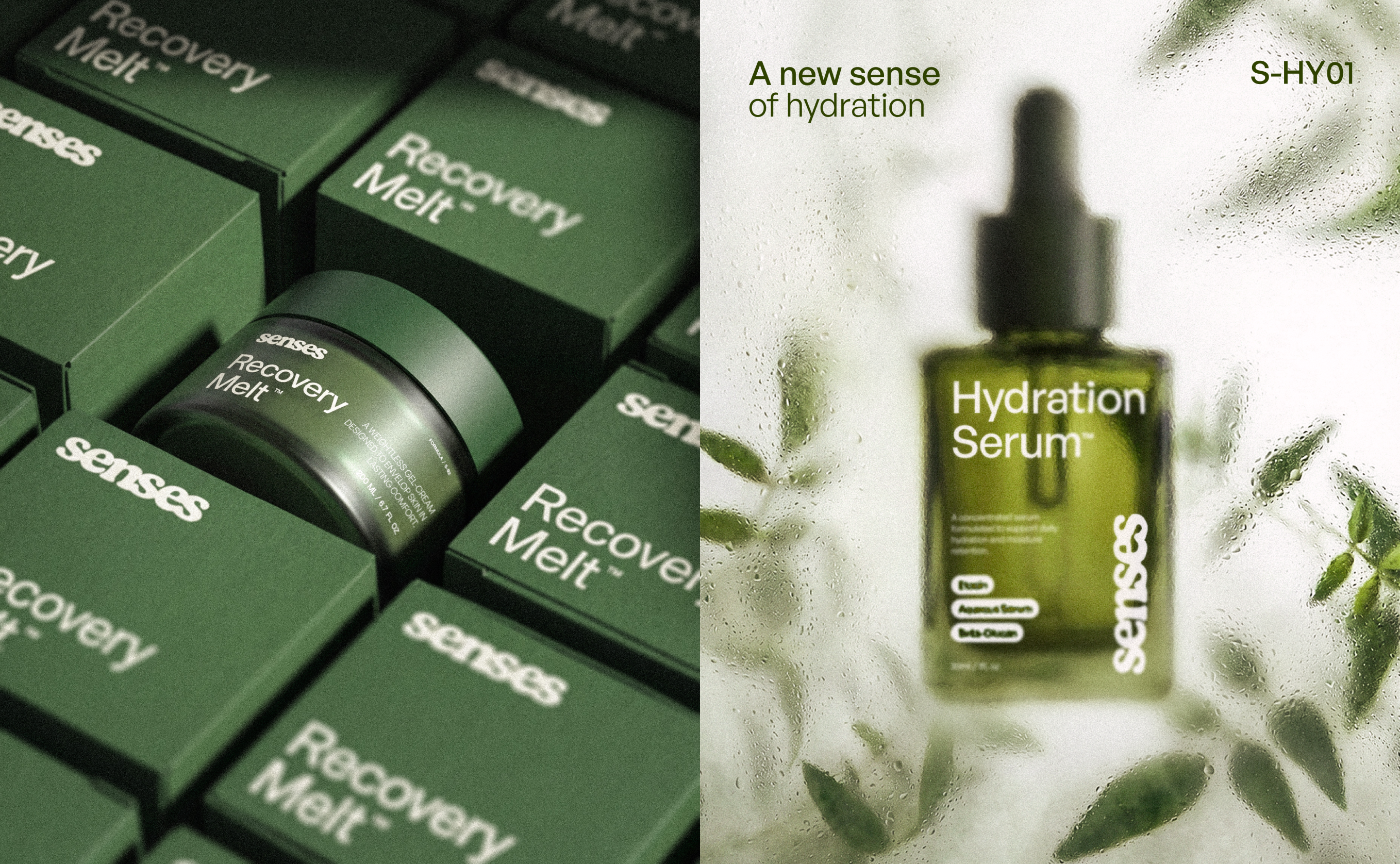 SENSES Recovery Melt packaging beside a Hydration Serum bottle behind condensation