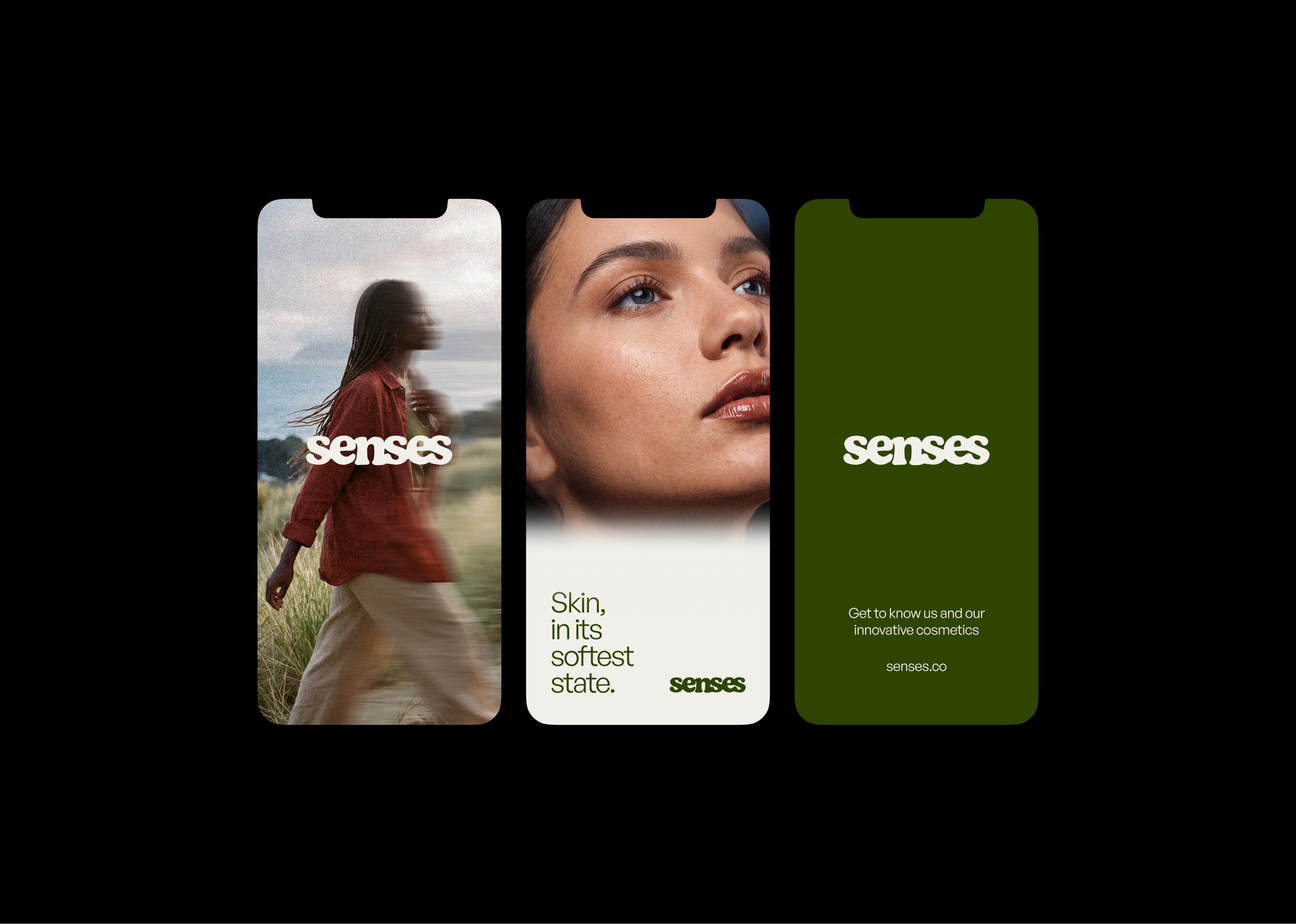 1. SENSES mobile experience shown across three smartphone screens