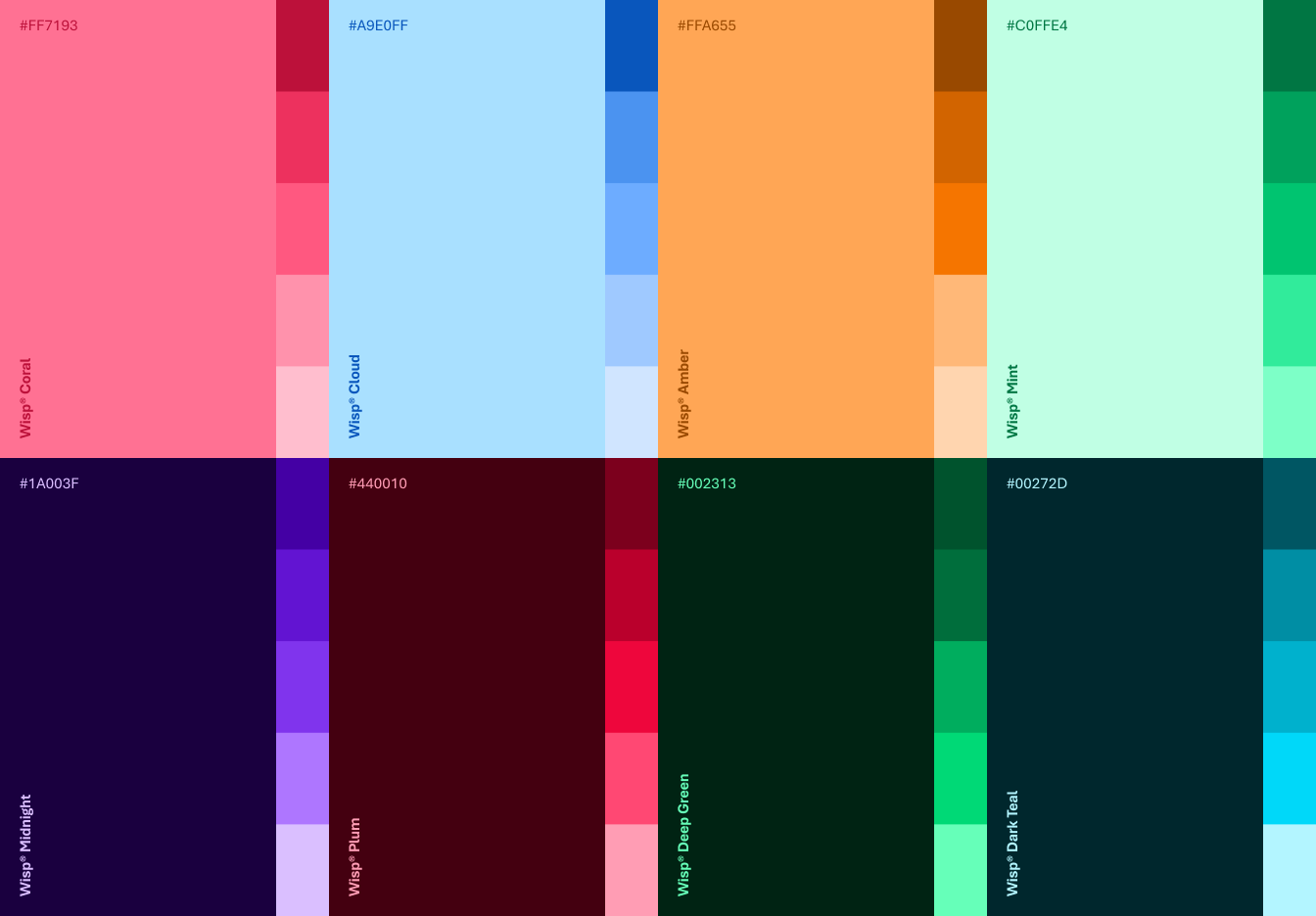 Wisp color system in coral, cloud, amber, mint, purple, red, green, and teal