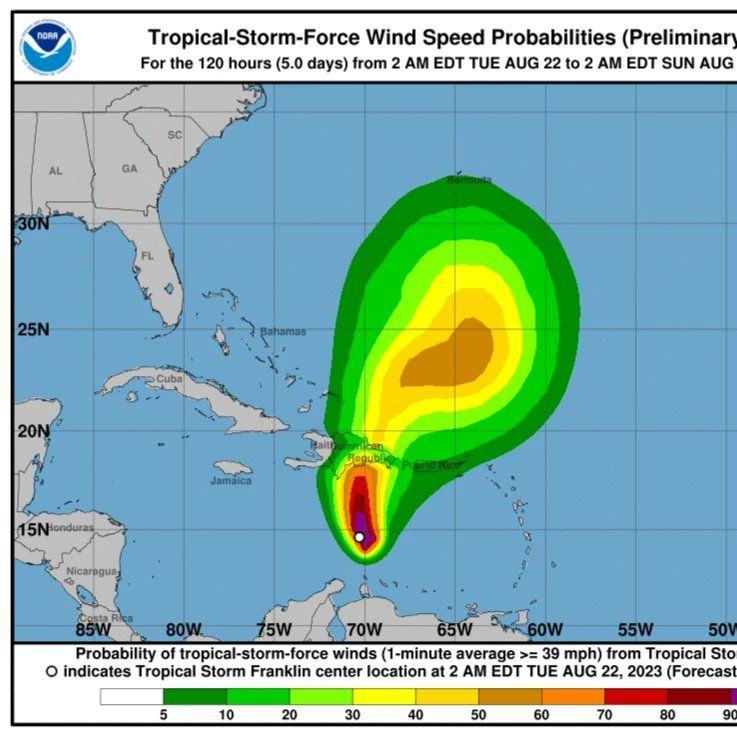 Tormenta tropical Franklin se localiza a unos 400 kilómetros al sur de Santo Domingo con vientos máximos sostenidos de 85 km/h