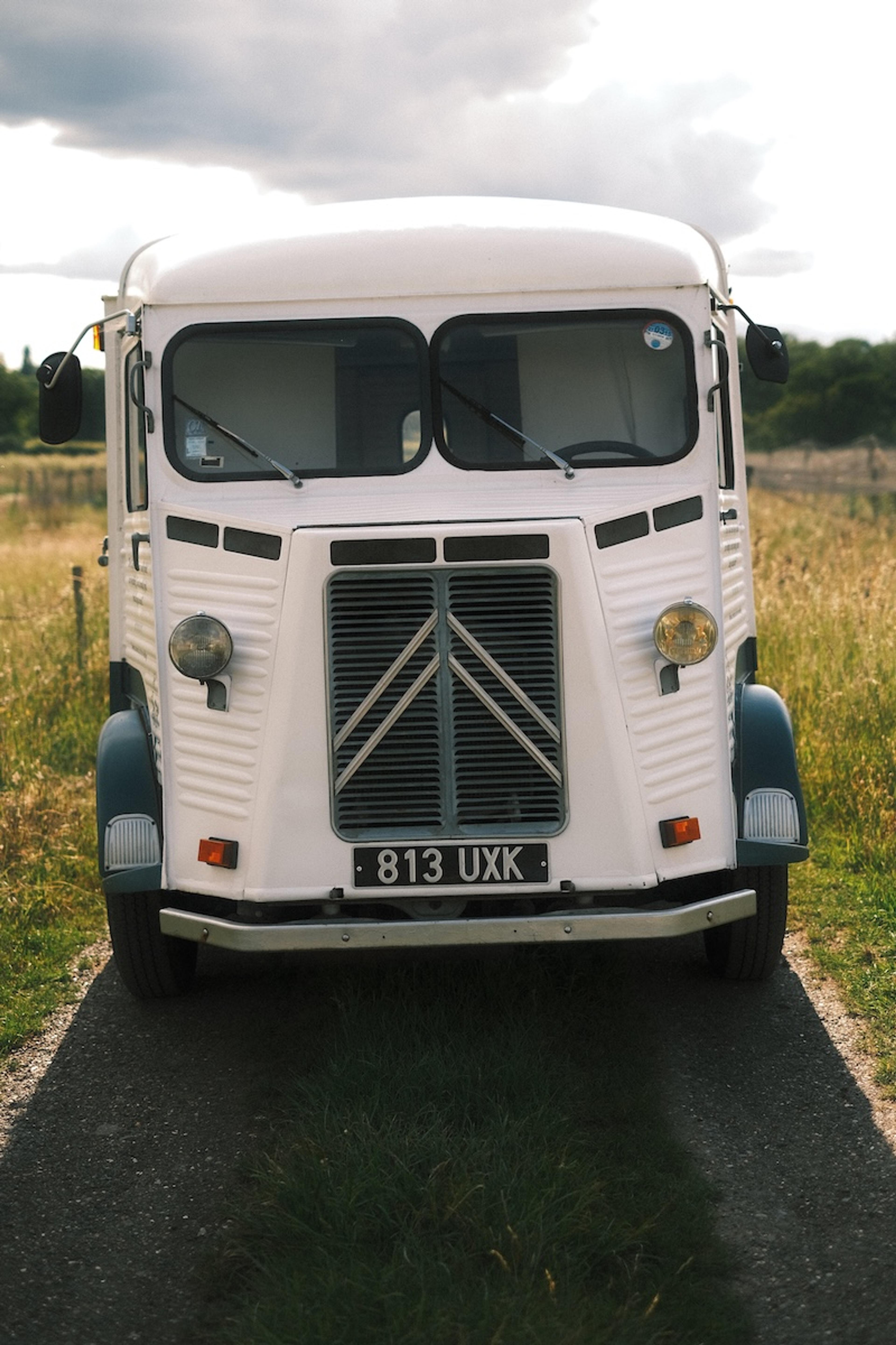 The front of the vintage Citroën van in a field